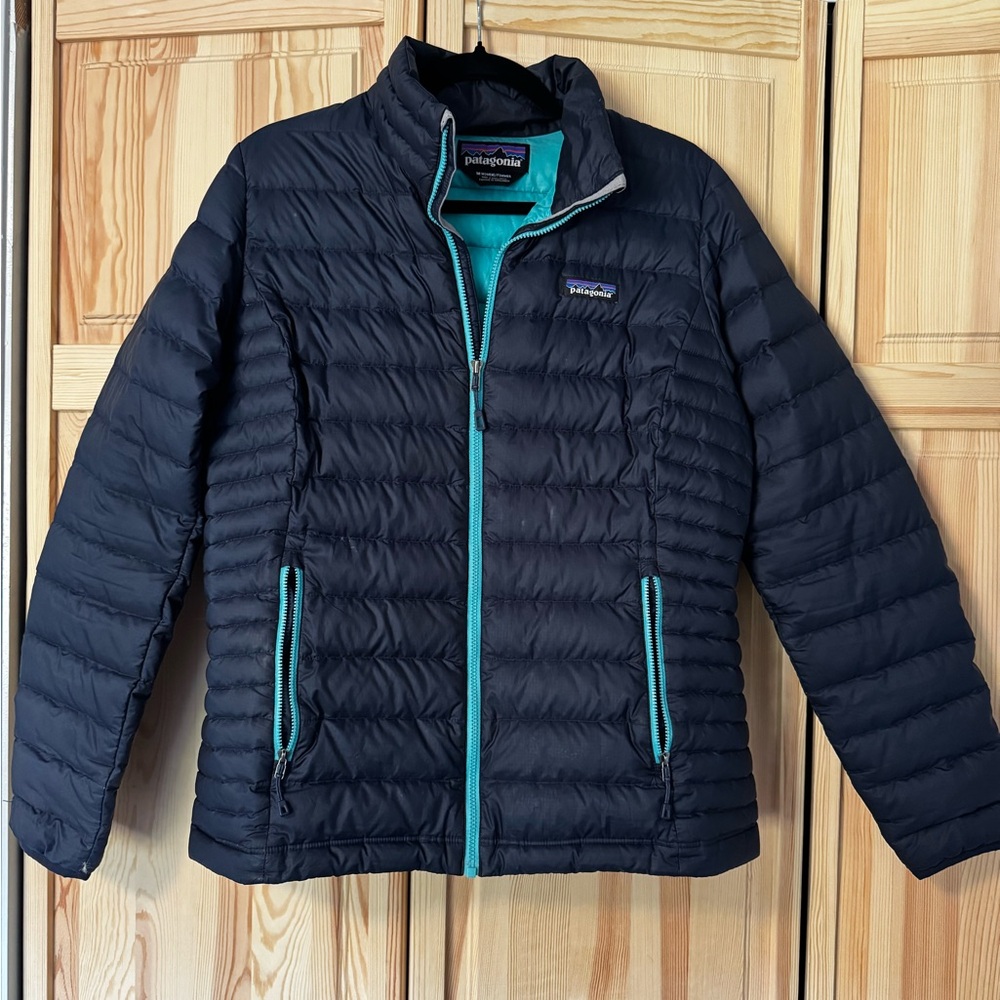 Wms Patagonia Navy Down Puffer Jacket (down sweater) with Turquoise Lining